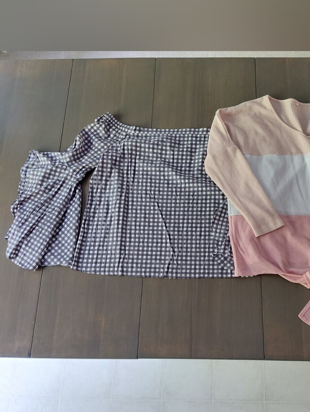 Shein Checked Gray White Bell Sleeve Off Shoulder Waffleknit Coral Set Of 2 Tops